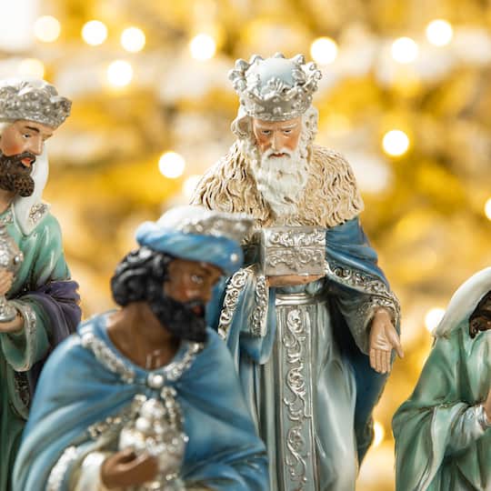 Glitzhome® 12 Piece Deluxe Blue Nativity Figurine Set